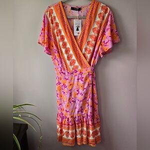 ZESICA Boho Floral Ruffle Wrap Mini Dress - 2XL
